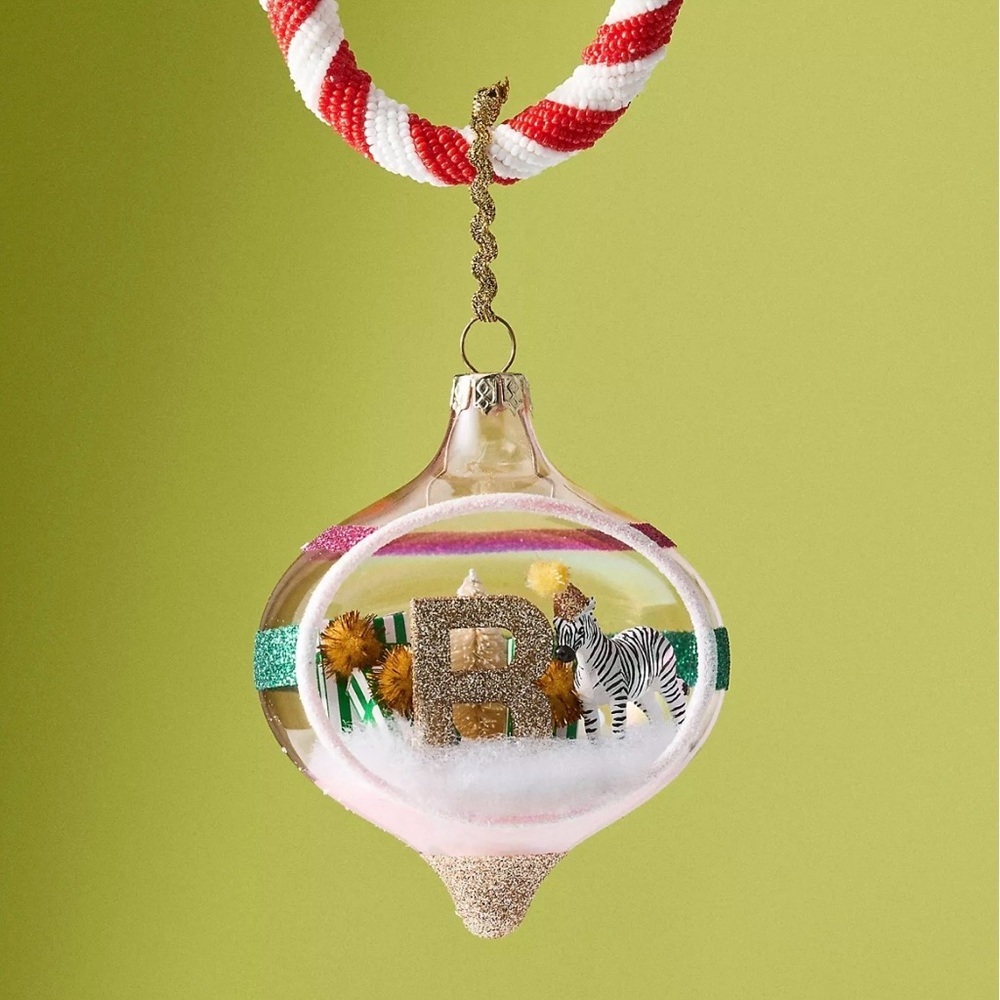 Anthropologie Party Animal Ornament Monogram “R” Festive NWT Glass Zebra